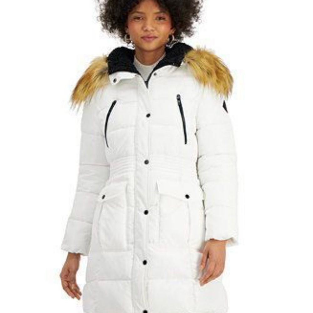 STEVE MADDEN Faux Fur Trim Hooded Puffer Coat